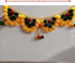 Yellow Green Red Woolen Pom Pom Handmade Traditional Toran For Home Shop & Temple - Image 3