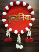 Golden Green Mdf Sheet Pom Pom Wall Hanging For Wedding - Image 4